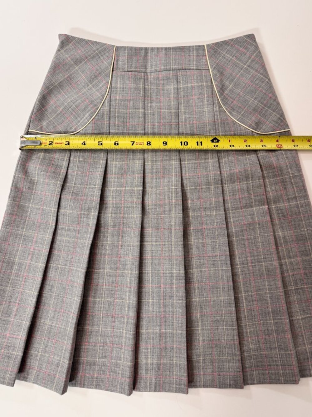 Gray Pink Plaid Pleated Wool Blend Midi Skirt XS Academia Preppy Gossip Girl - Picture 9 of 13